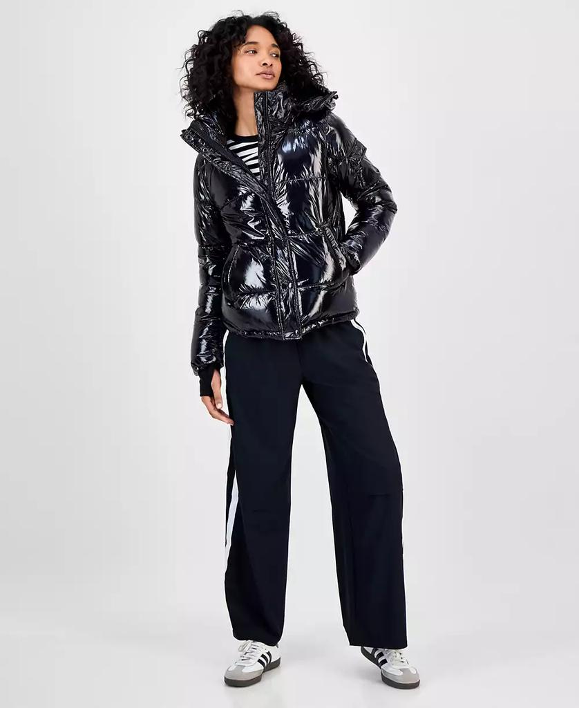 Women's Ella Hooded Thumbhole-Cuff Shine Puffer Coat – On Sale Now