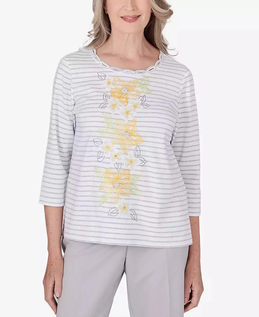 Alfred Dunner Petite Charleston Striped Floral Embroidered Top 1