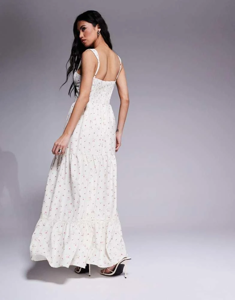 Love Triangle Love Triangle milkmaid tiered maxi dress in pink ditsy 3