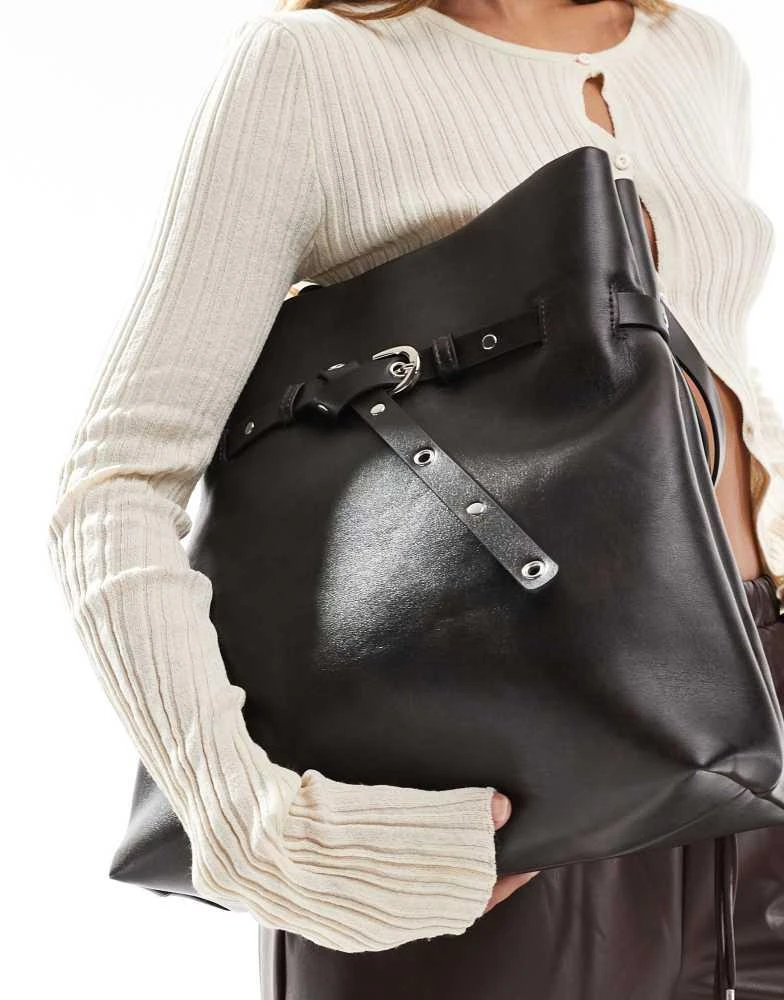 ASOS ASOS DESIGN stud buckle tote bag in washed black 4