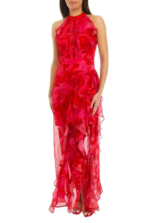 Betsy & Adam Adam Womens Sleeveless Halter Floral Printed Chiffon Maxi Dress 1