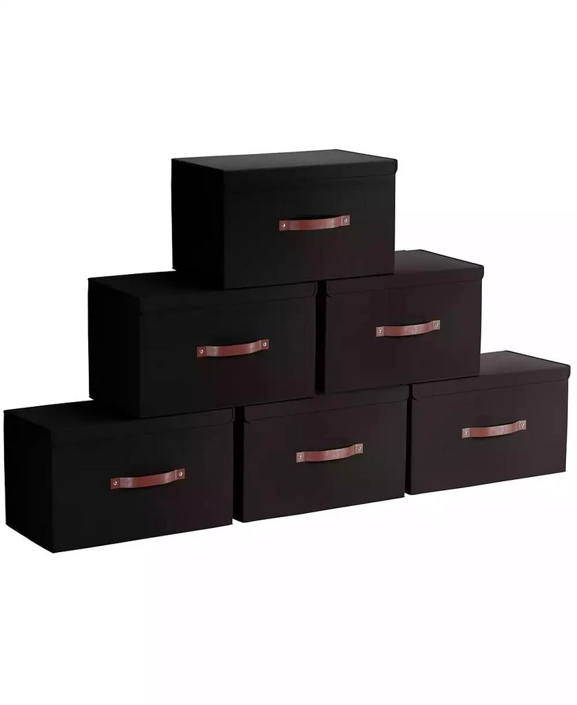 Ornavo Home 6 Pack Foldable Linen Storage Bin with Faux Leather Handles and Lid