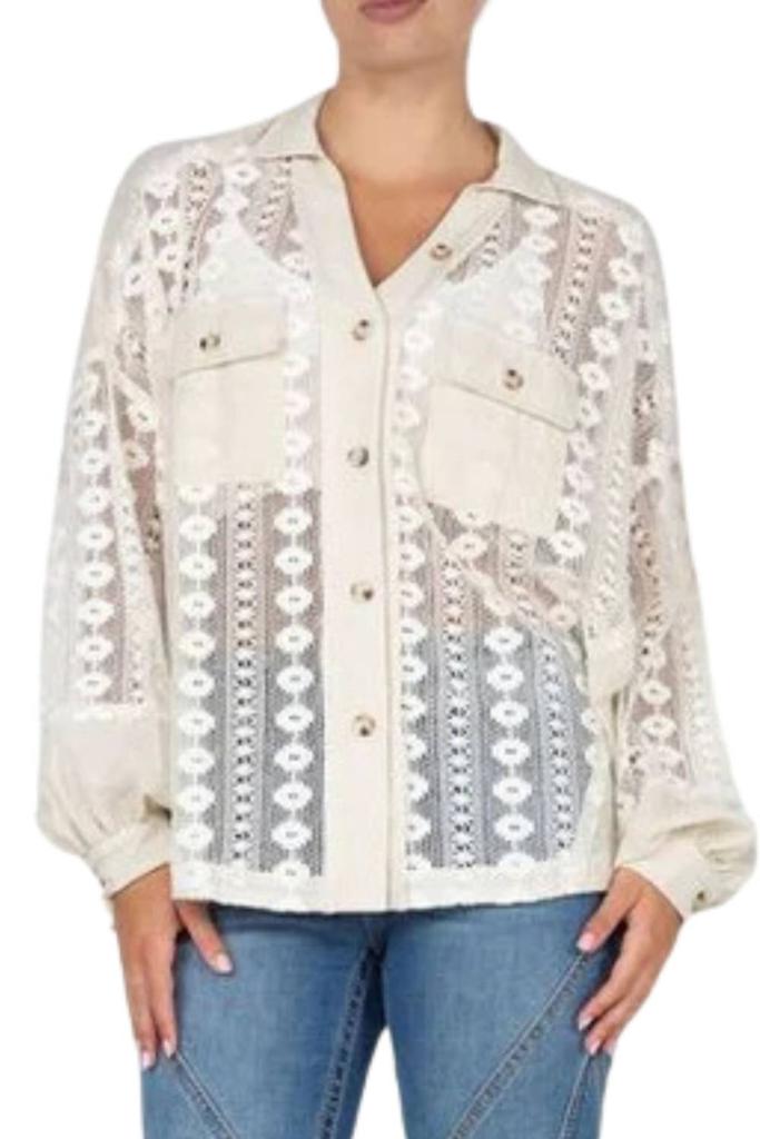 Miss Me MIXED MEDIA BUTTON DOWN BLOUSE