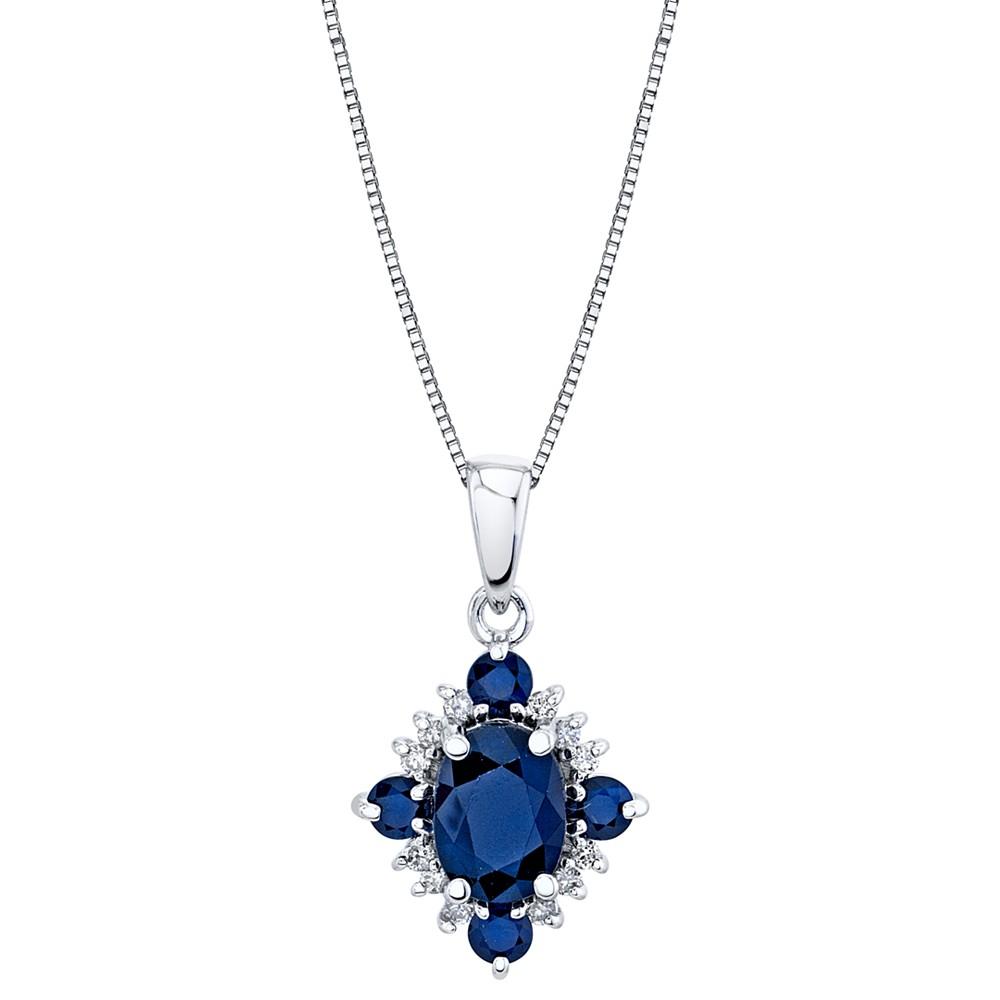 Macy's Sapphire (1-3/8 ct. t.w.) & Diamond (1/10 ct. t.w.) Oval Halo 18" Pendant Necklace in 10k White Gold