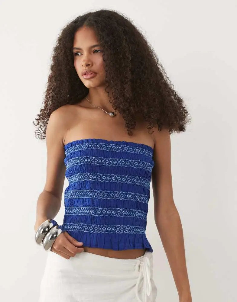 Mango Mango Teen 100% cotton ruched off shoulder top in navy