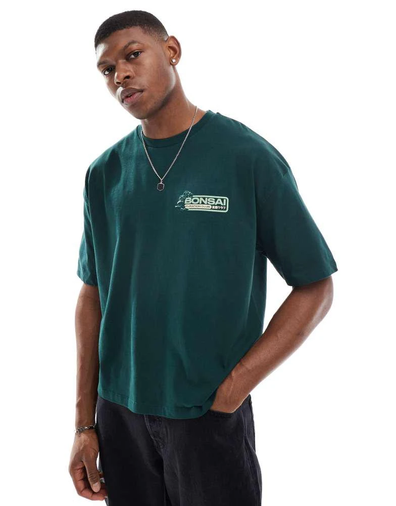 ASOS ASOS DESIGN boxy oversized t-shirt with bonsai graphic in dark green 4