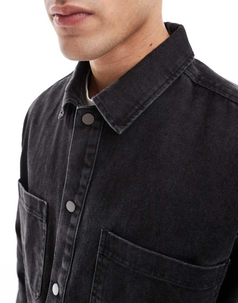 Pull&Bear Pull&Bear denim acid washed overshirt in black 4