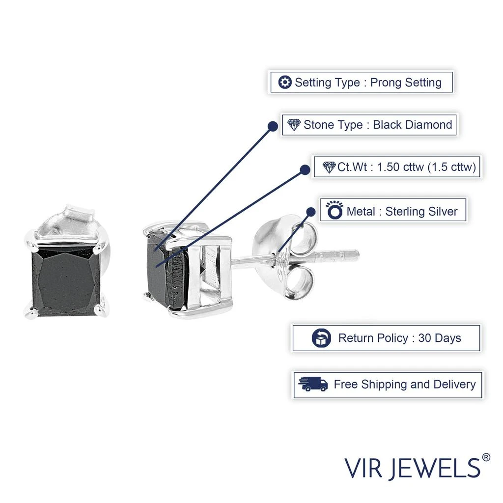 Vir Jewels 1.50 cttw Princess Cut Black Diamond Stud Earrings .925 Sterling Silver Square 2