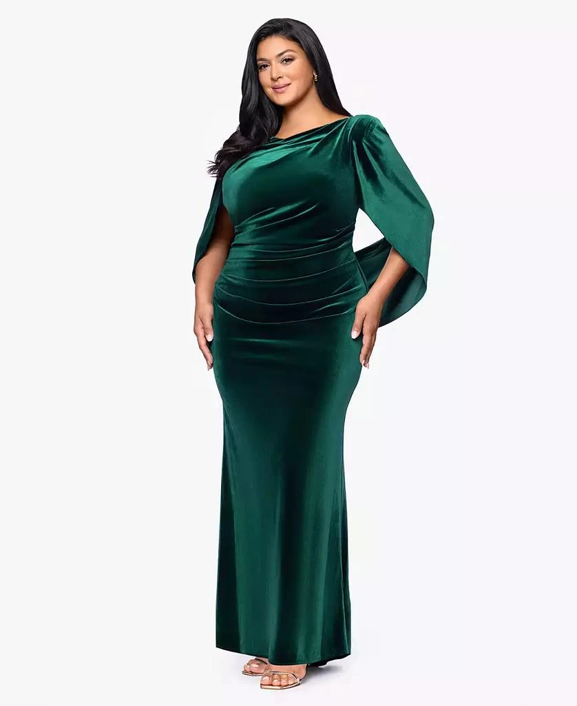 B&A By Betsy and Adam Plus Size Velvet Boat Neck Long Drape Back Gown -  Dresses & Skirts - Free Shipping - BeyondStyle