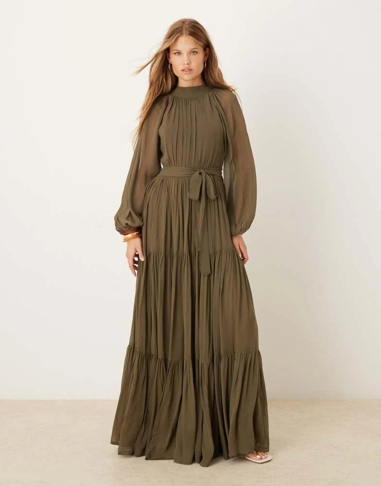 Lace & Beads balloon sleeve tiered maxi dress in deep olive  On Sale Now  with Up to 56% Off | Discover Exclusive Deals & Savings at BeyondStyle   Authentic Lace &