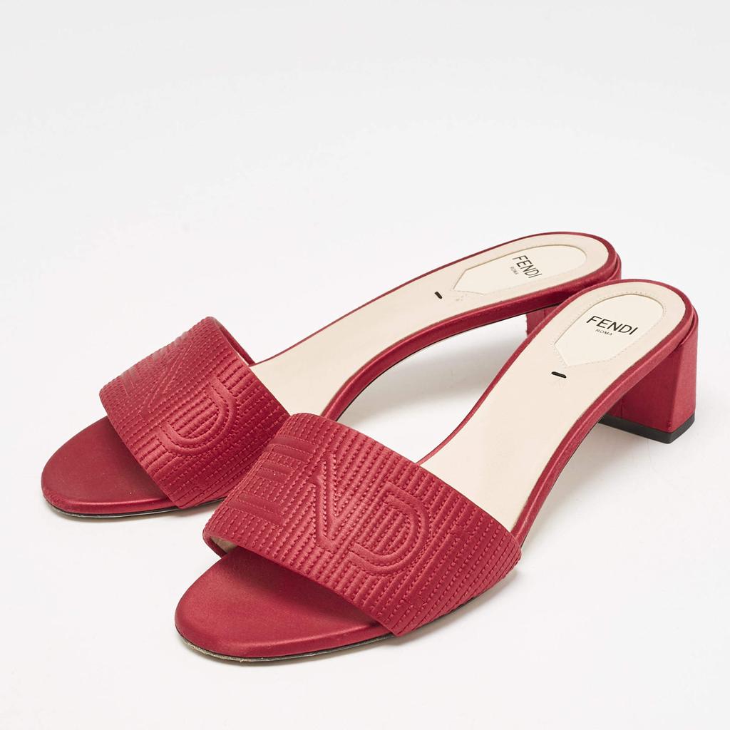 Fendi Fendi Red Satin Logo Embroidered Block Heel Slide Sandals Size 40