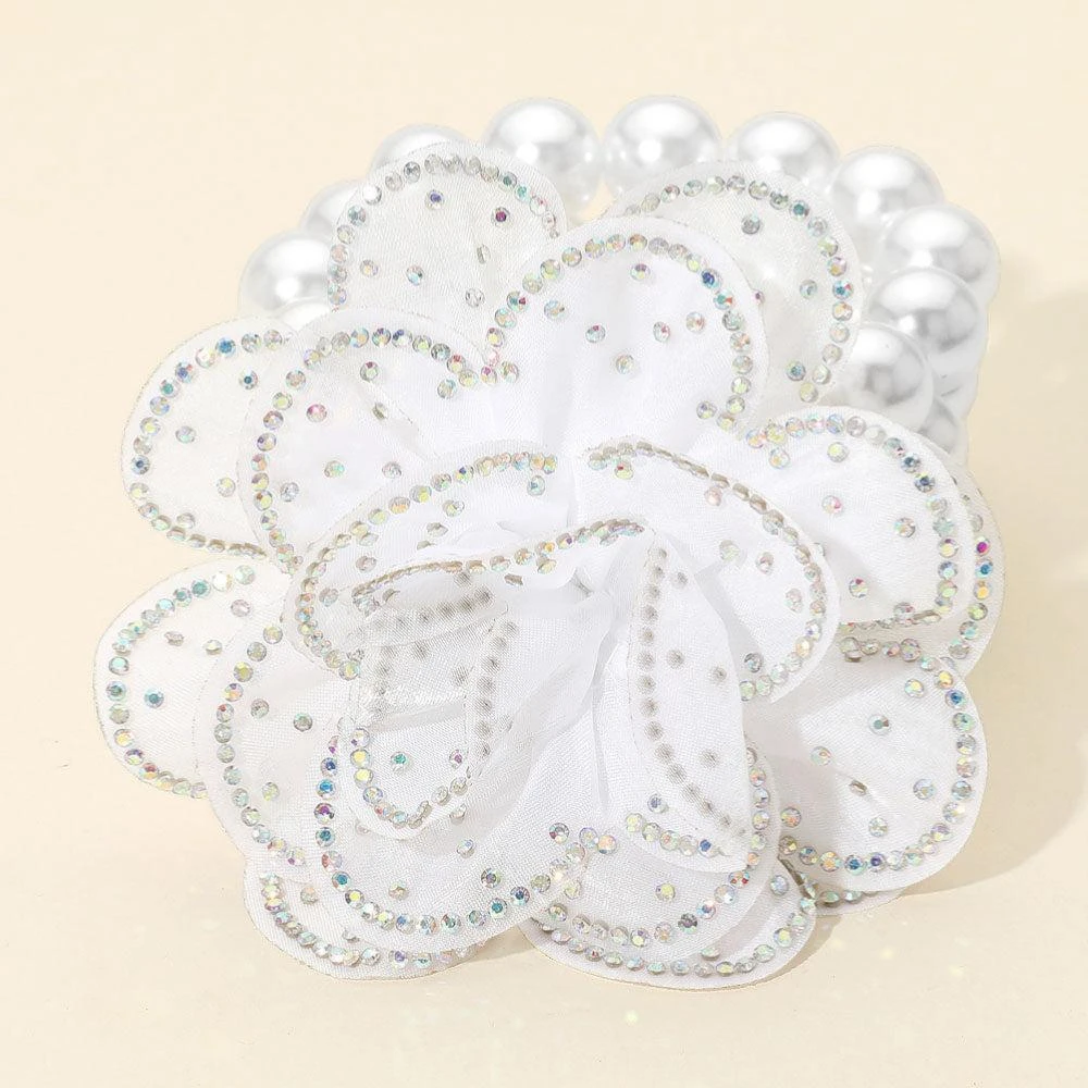 FASHNZFAB Bling Studded Fabric Flower Statement Faux Pearl Beaded Stretch Bracelet AB, White
