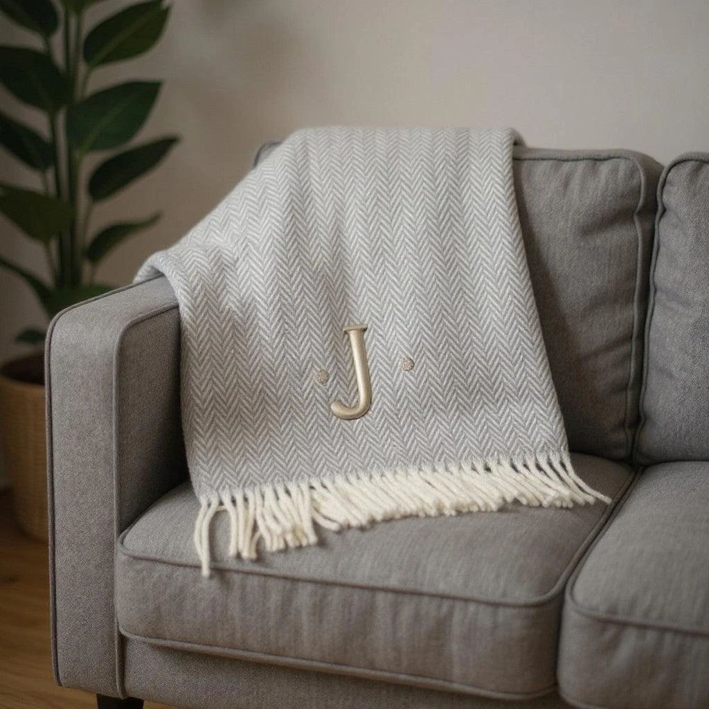 Hivvago 55" X 70" Gray And White Herringbone Cotton Blend J Throw Blanket with Tassels And Embroidery 2