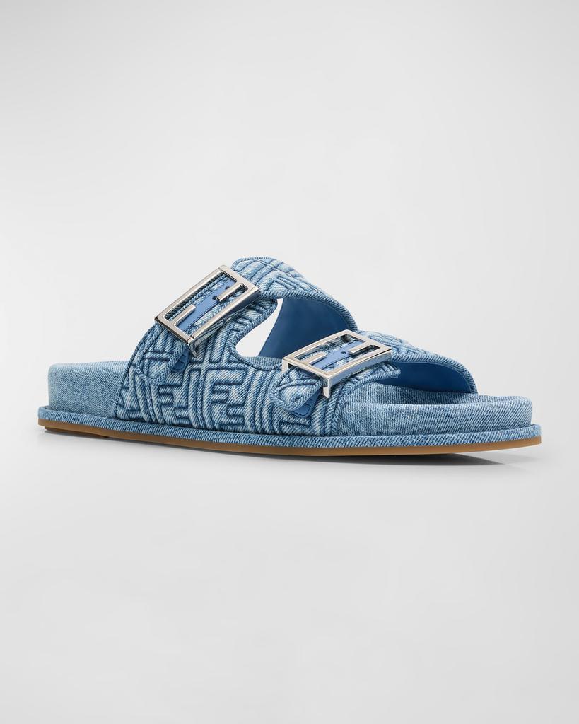 Shop FF Embroidered Denim Dual Buckle Slide Sandals on Sale