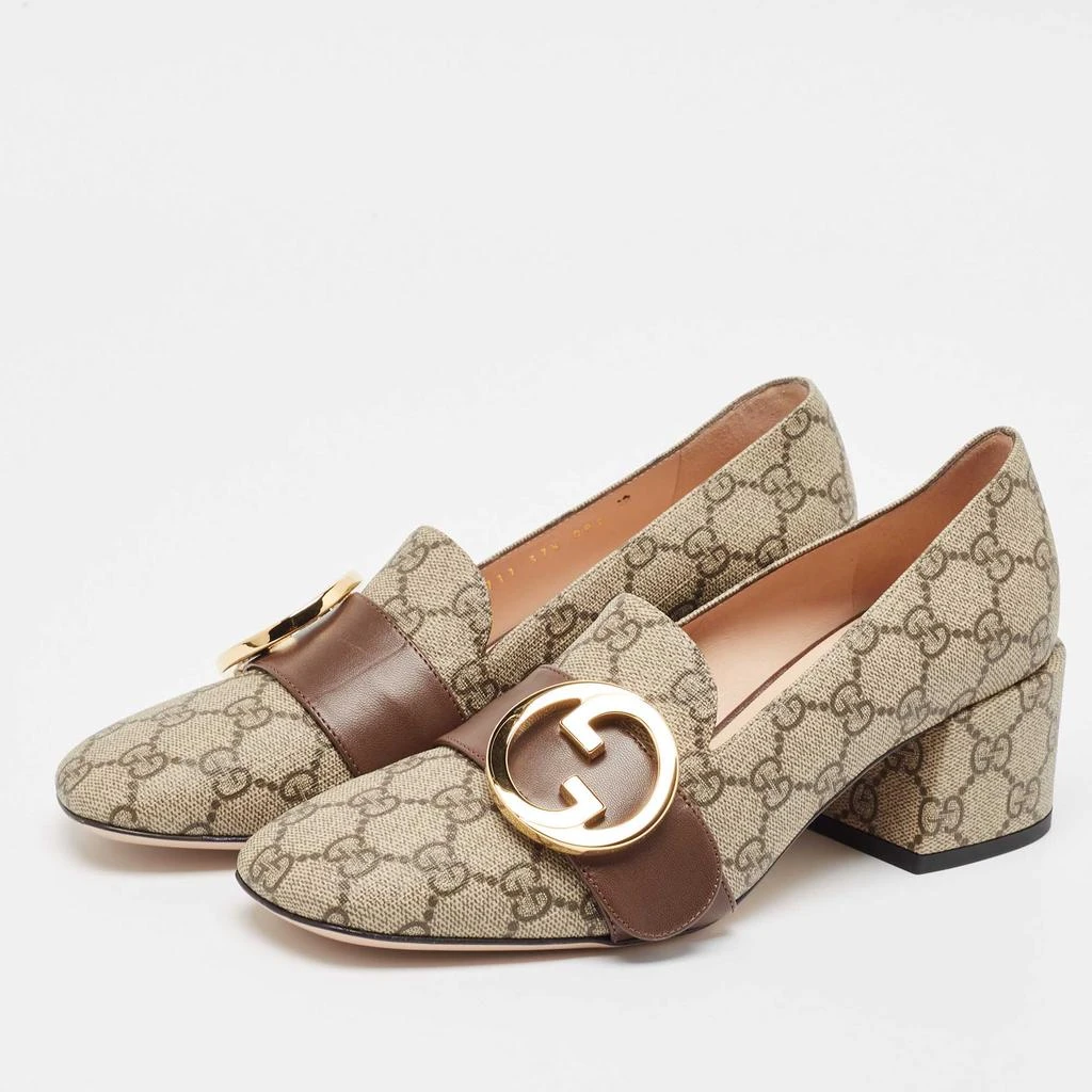 Gucci Gucci Grey/Brown Canvas and Leather Blondie Block Heel Pumps Size 37.5 2