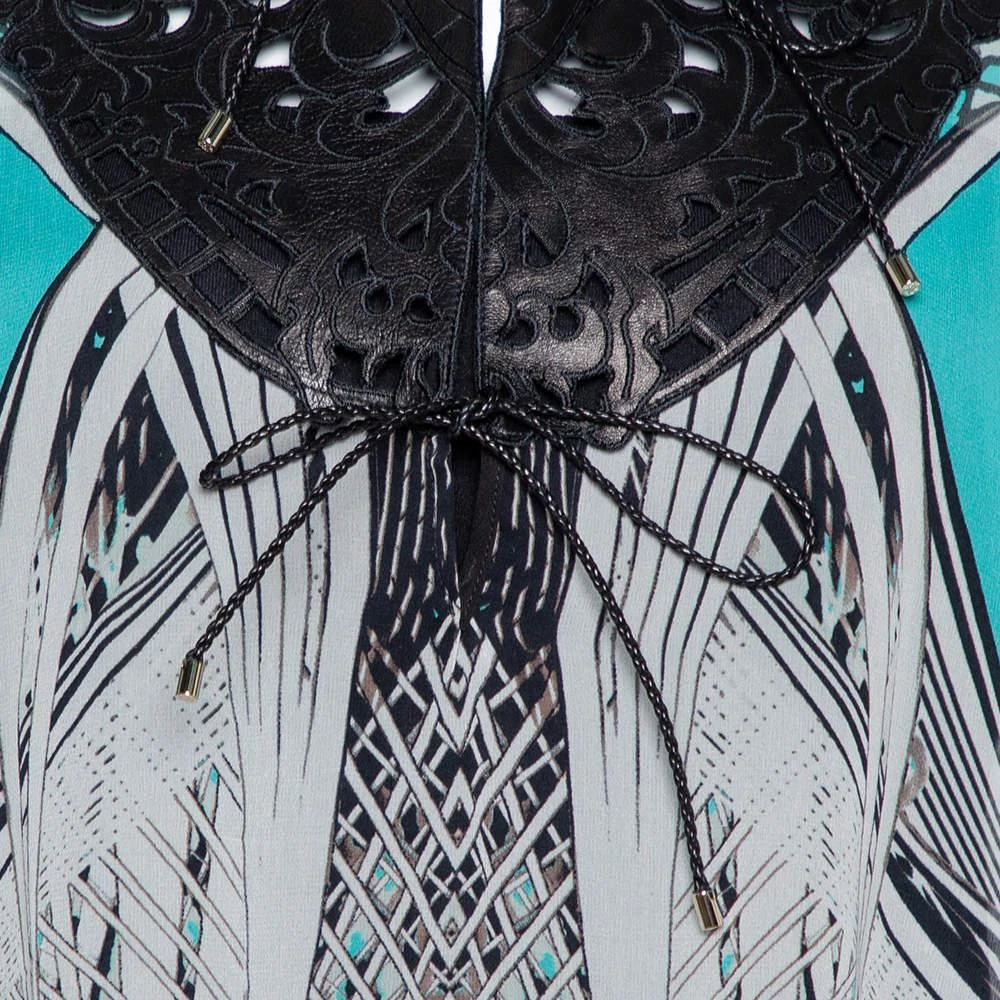 Roberto Cavalli Roberto Cavalli Turquoise Blue Printed Silk Leather Trim Kaftan Top M 4