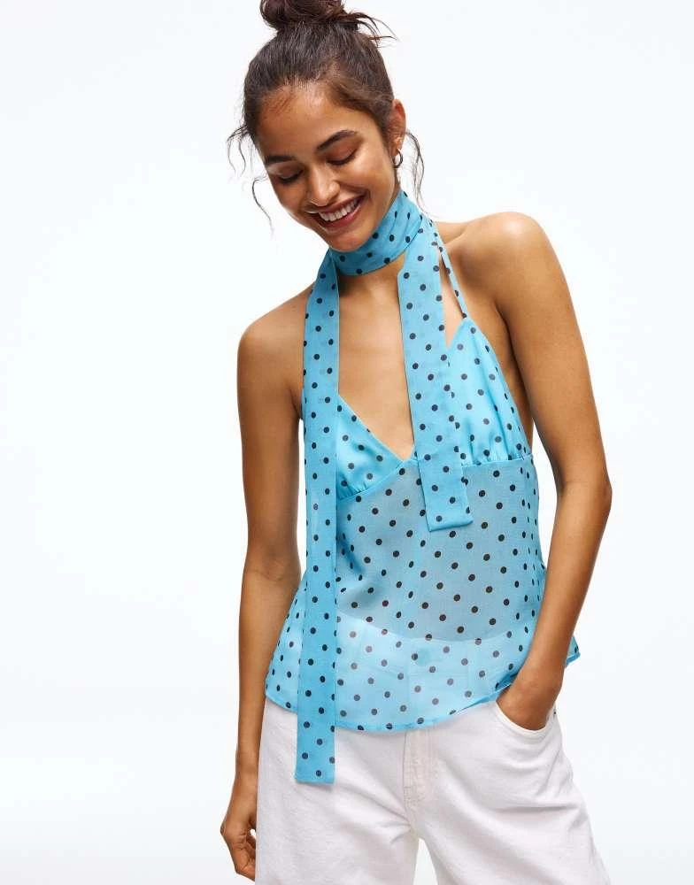 Bershka Bershka Polka dot scarf strap top in blue