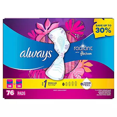 Always Always Radiant Regular Pads with Flexi-Wings, Scented - Size 1, 76 ct.