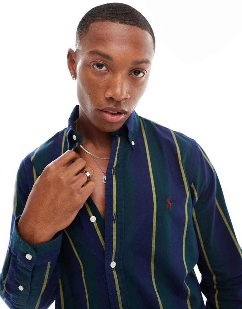 Ralph Lauren Polo Ralph Lauren icon logo varisty stripe oxford shirt classic oversized fit in navy/green multi 1
