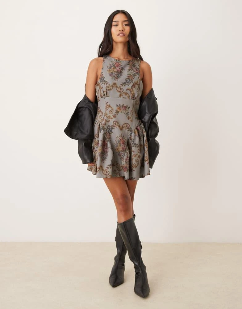 asos floral mini dress ASOS Orange White Floral Puff Sleeve Mini Dress M Open Back Ruffle