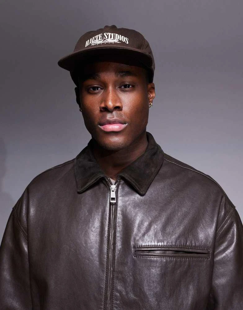 ASOS ASOS DESIGN Premium real leather harrington jacket with suede collar in brown 3