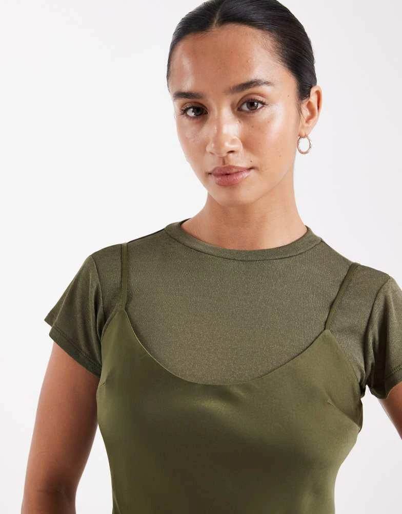 ASOS ASOS DESIGN Petite cami satin 2 in 1 t shirt midi dress in khaki 4