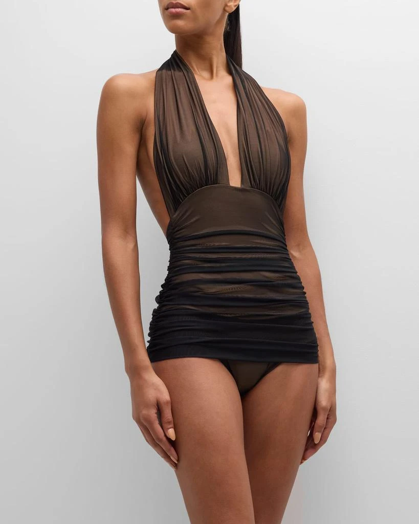 Norma Kamali Bill Ruched-Mesh Halter Maillot Swimsuit 5