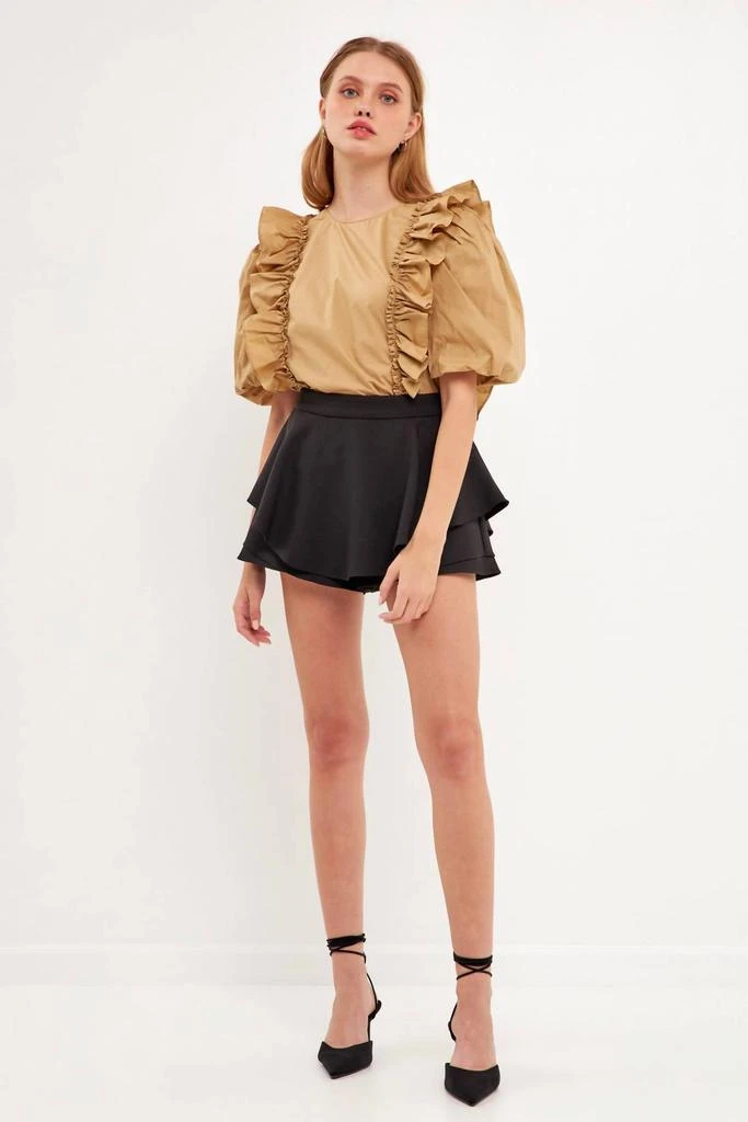 English Factory Double Ruffle Poplin Puff Sleeve Blouse In Tawny 3