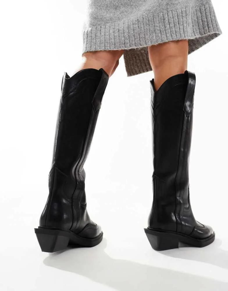 ASOS ASOS DESIGN Wide Fit Celeste flat western knee boots in black 4