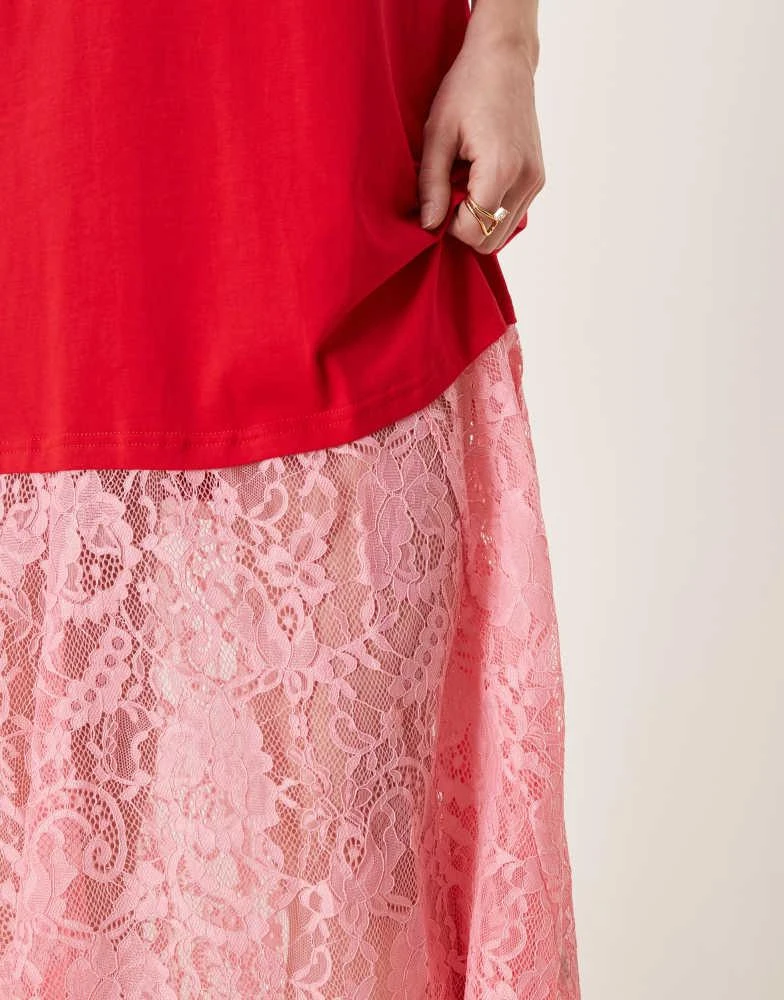 Never Fully Dressed Never Fully Dressed Petite oversized jersey t-shirt maxi dress with lace skirt in red and pink 3