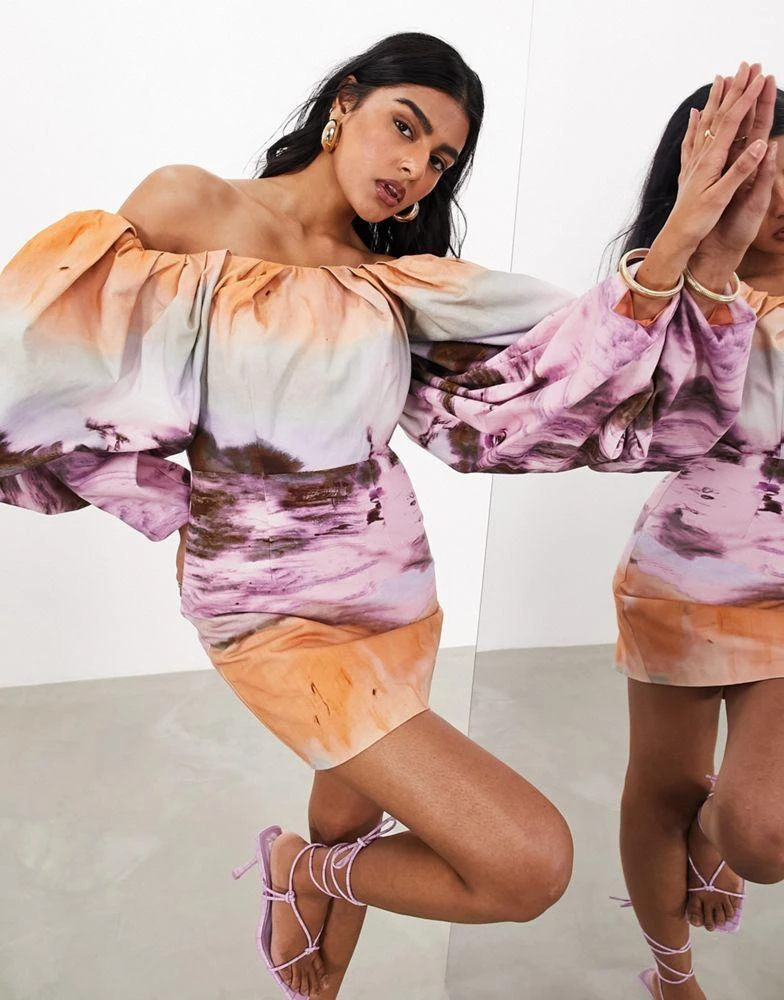 ASOS ASOS EDITION structured bardot mini dress in sunset print 1