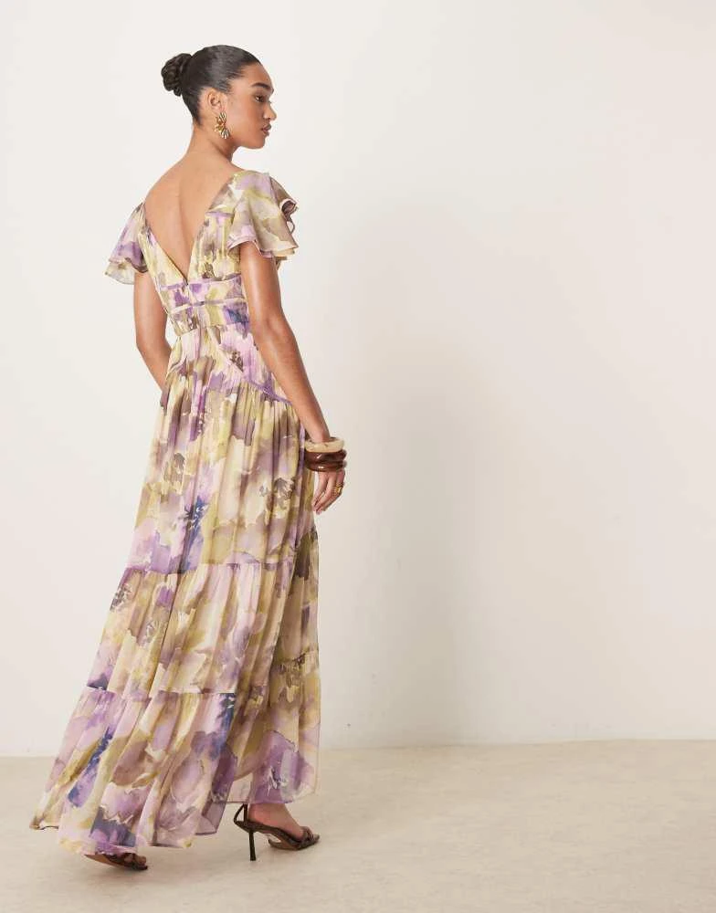 ASOS ASOS DESIGN flutter sleeve ruched maxi dress with hi low hem in blurred floral 3