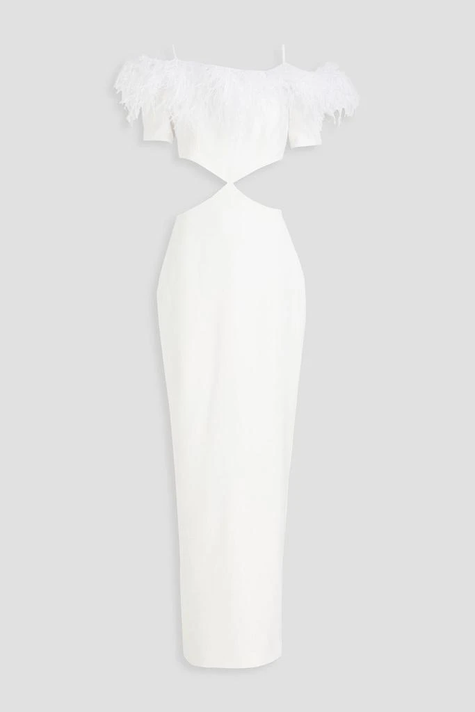 RASARIO Cold-shoulder feather-trimmed crepe maxi dress 1