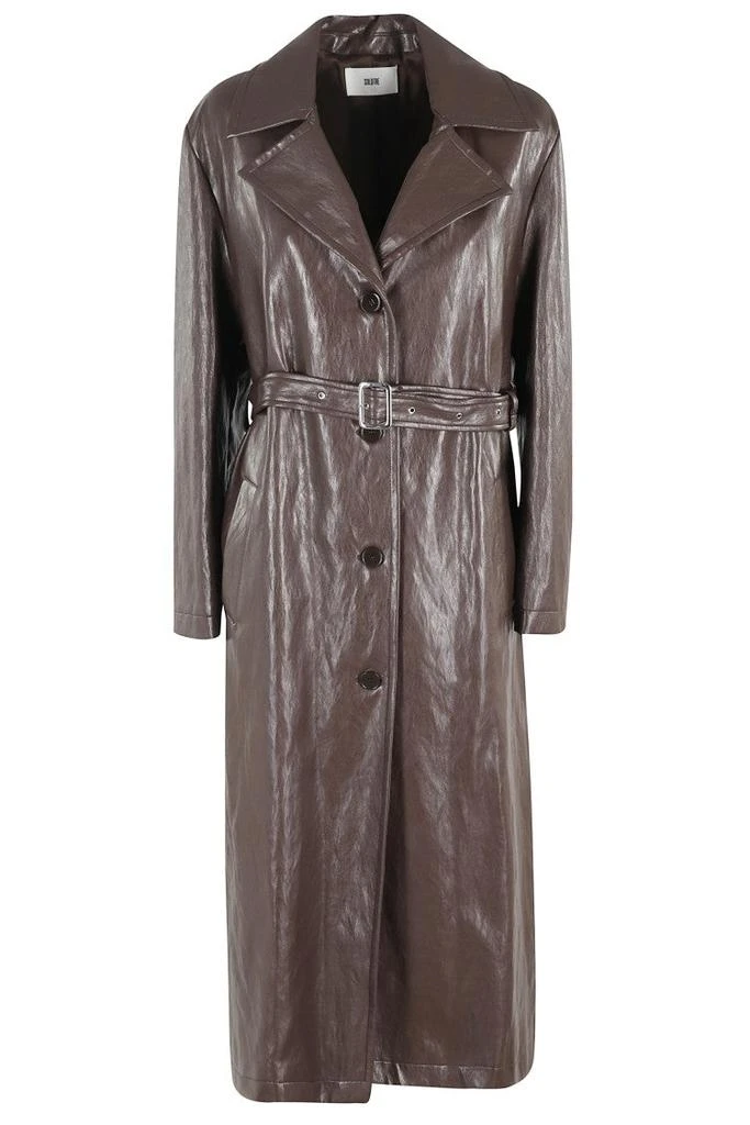 Solotre Glossy Brown Trench Coat With Belted Waist And Classic Collar