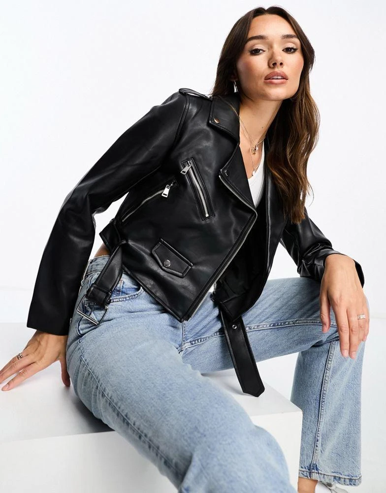 Stradivarius Stradivarius faux leather biker jacket in black 1