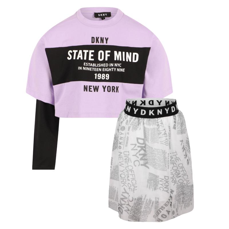 DKNY Kids Two in one cropped long sleeved logo t shirt and newspaper skirt set in lilac black and white