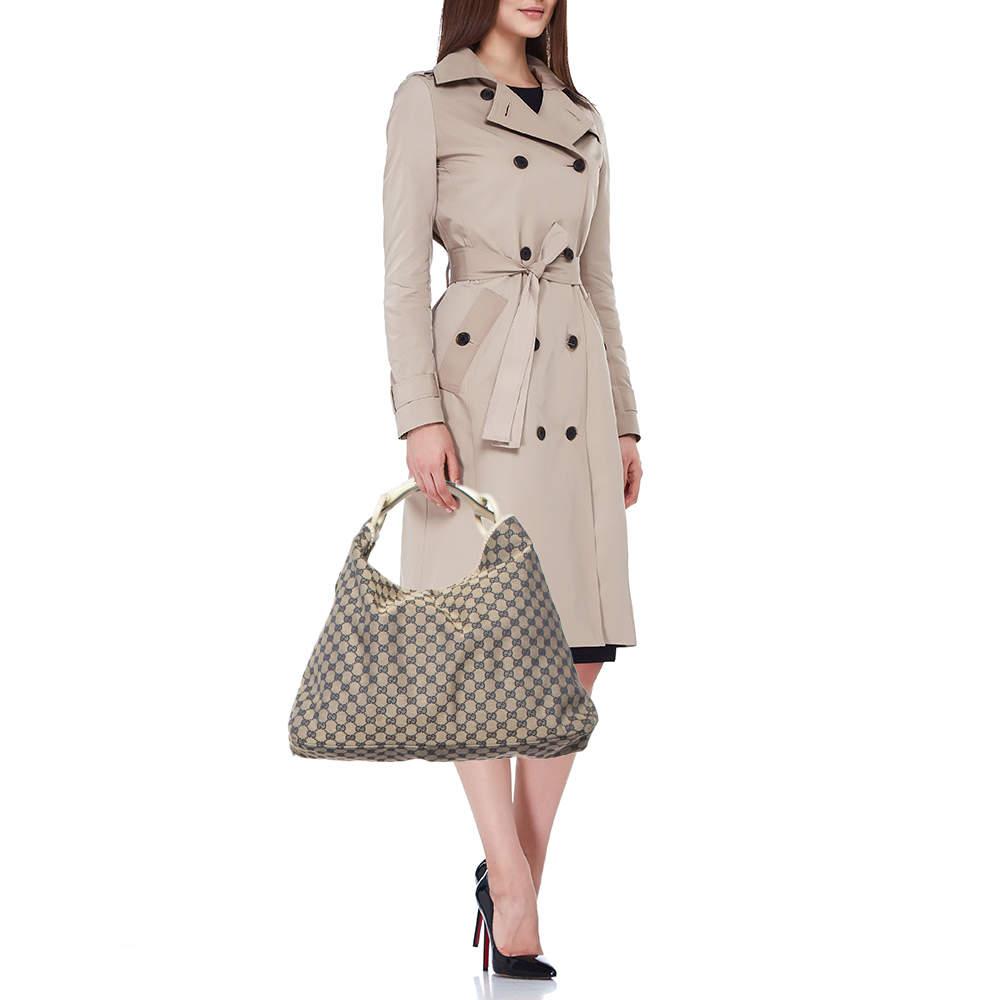 Gucci Gucci Off White/Navy Blue GG Canvas and Leather Large Horsebit Hobo