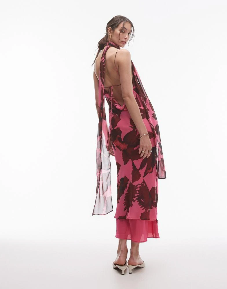 Topshop Topshop chiffon cowl slip midi dress in pink oversized floral print with scarf 4