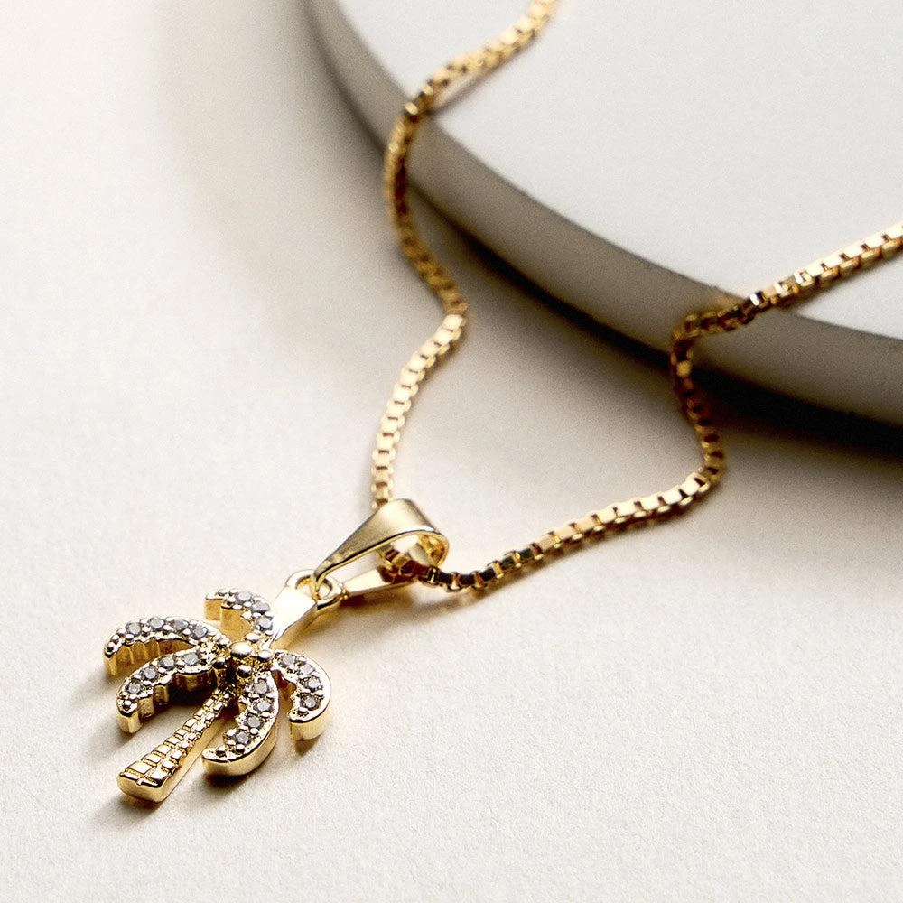 FASHNZFAB 18K Gold Filled CZ Stone Paved Palm Tree Pendant Necklace