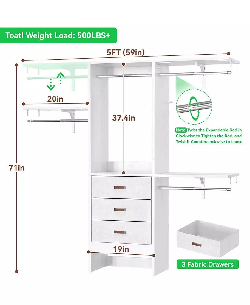 Aheaplus 5FT Small Closet Organizer System with 3 Fabric Drawers, 60" Closet System with 3 Shelving Towers 4