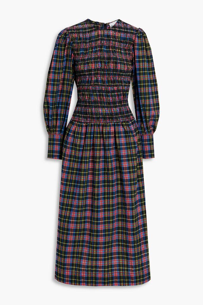 Ganni Shirred checked cotton-blend seersucker midi dress