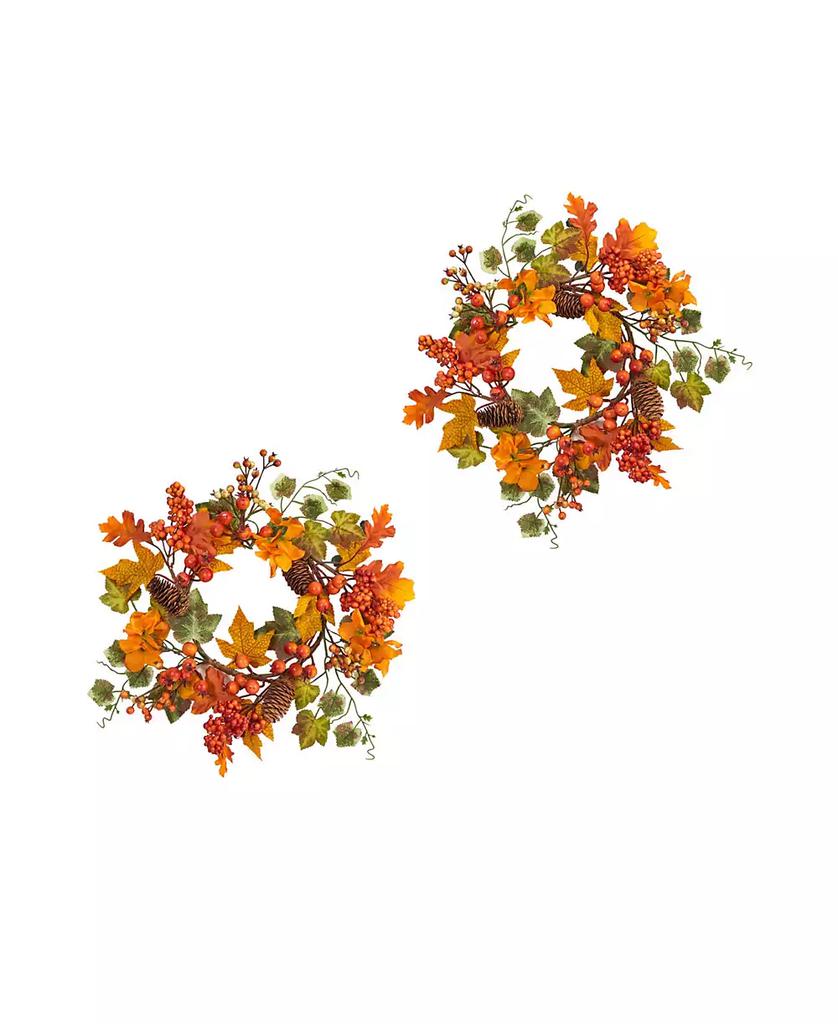 NEARLY NATURAL 6.5" Autumn Hydrangea and Pinecones Artificial Wreath Set, 2 Piece