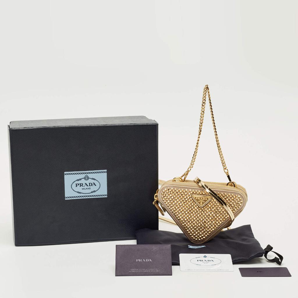 PRADA ゴールド ミニクラッチバッグ Prada Prada Gold Leather and Satin Crystal Embellished Mini