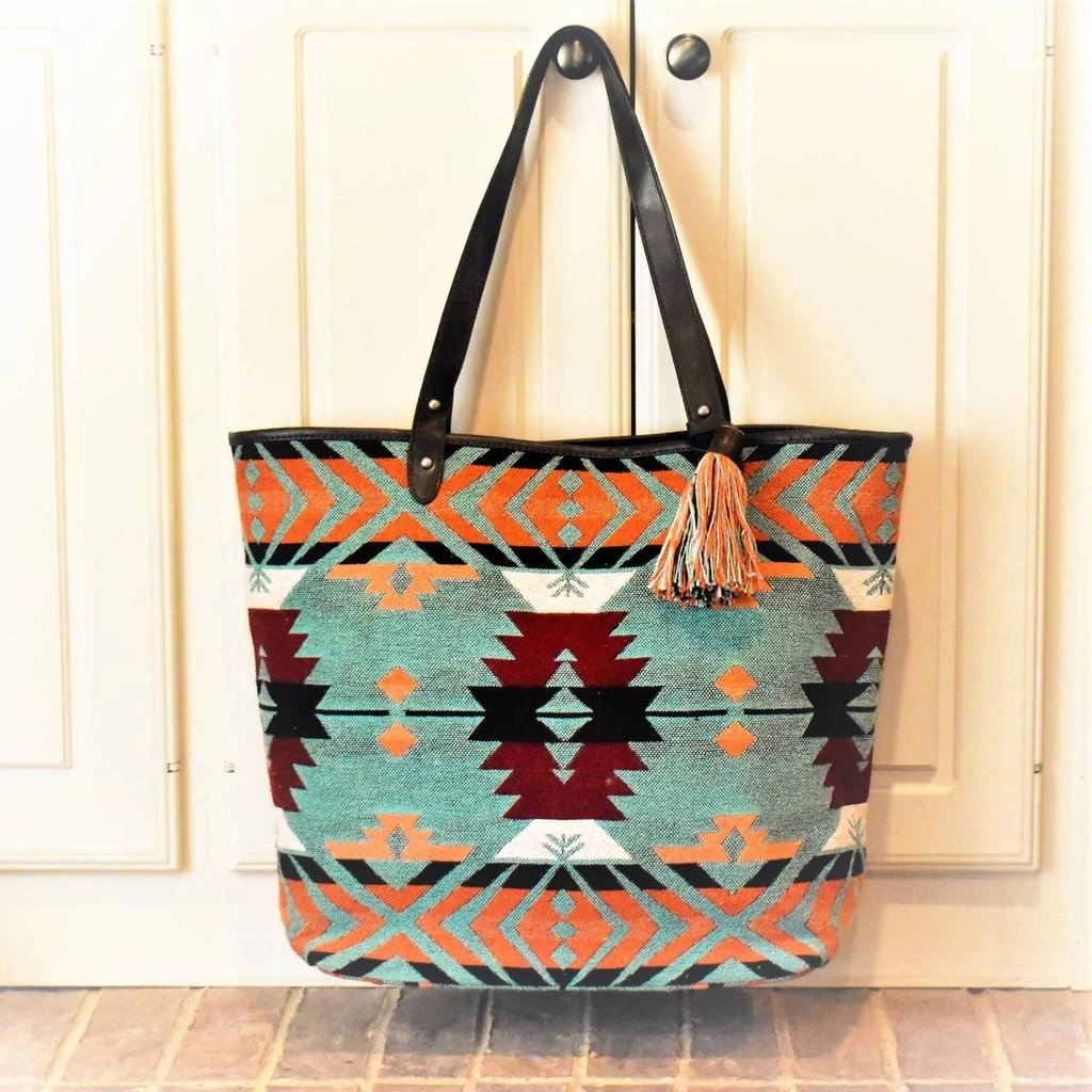 M&F Western Women
s Total Package Aztec Tote Bag In Coral/mint/maroon 1