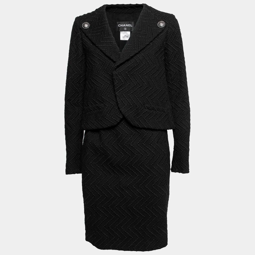Chanel Chanel Black Patterned Wool Open Front Blazer & Pencil Skirt Set M 1