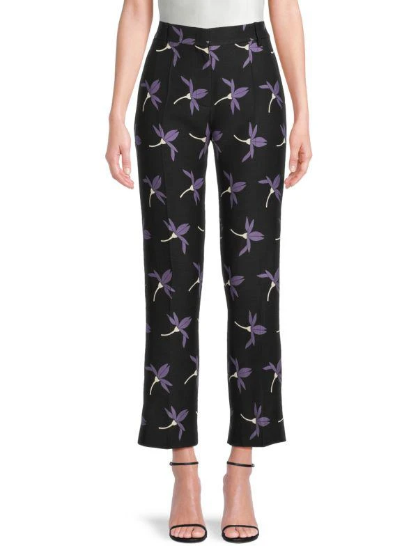 Valentino Flat-Front Wool-Blend Floral Pants 1