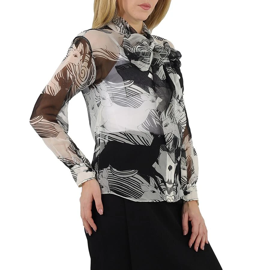 Burberry Ladies Monochrome Deer Print Silk Chiffon Pussy-bow Blouse 2