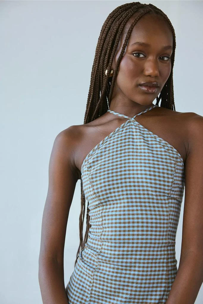 Urban Outfitters UO Riley Y-Neck Linen-Blend Gingham Mini Dress 3