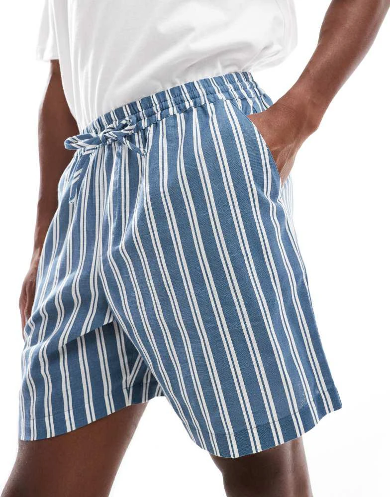 New Look New Look pull on linen shorts in blue stripe 3