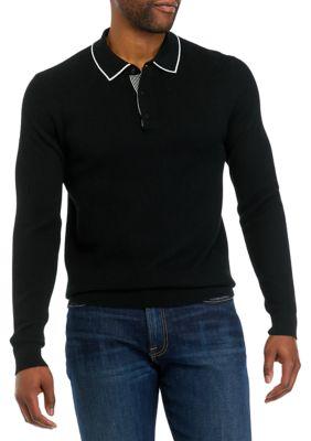 Magaschoni Mens Long Sleeve Tipped Collar Sweater